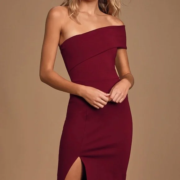 knee length dresses for ladies Burgundy One Shoulder Mini Midi Dress main image 0